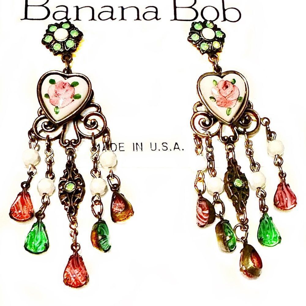 Banana Bob Romantic Rose heart Victorian chandelier pierced earrings